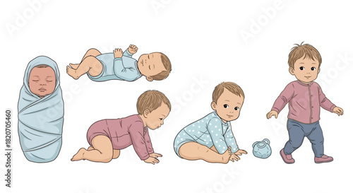 Stages of Baby Development Illustration Depicting Growth from Newborn to Toddler