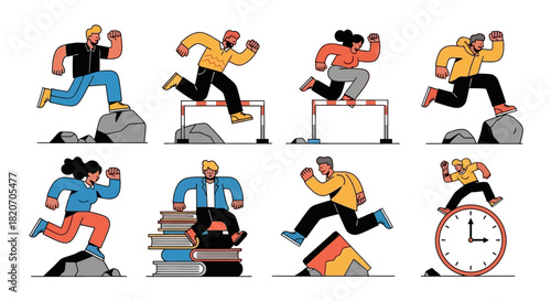 Overcoming Hurdles People Jumping Obstacles Illustration