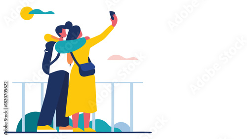 Flat vector illustration of a happy couple taking a selfie together smiling and holding a smartphone representing modern communication and shared moments