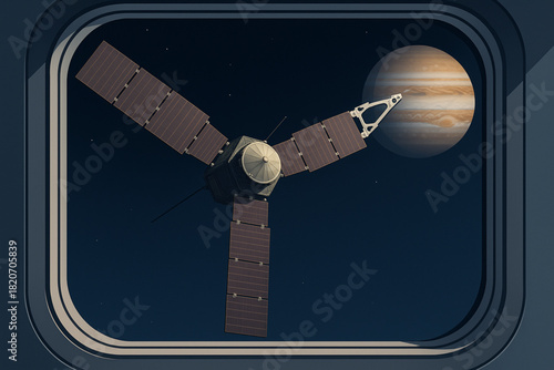 Vector Illustration of Jupiter and Juno Spacecraft from Spacecraft Window View