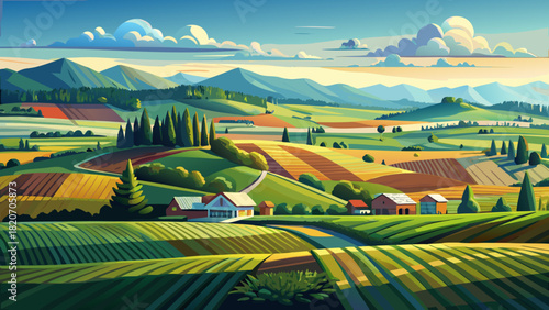 Very beautiful panorama of the verdant farm fields of Tygh Valley in Oregon, USA, featuring rolling green pastures, open countryside, and distant hills under clear natural light.