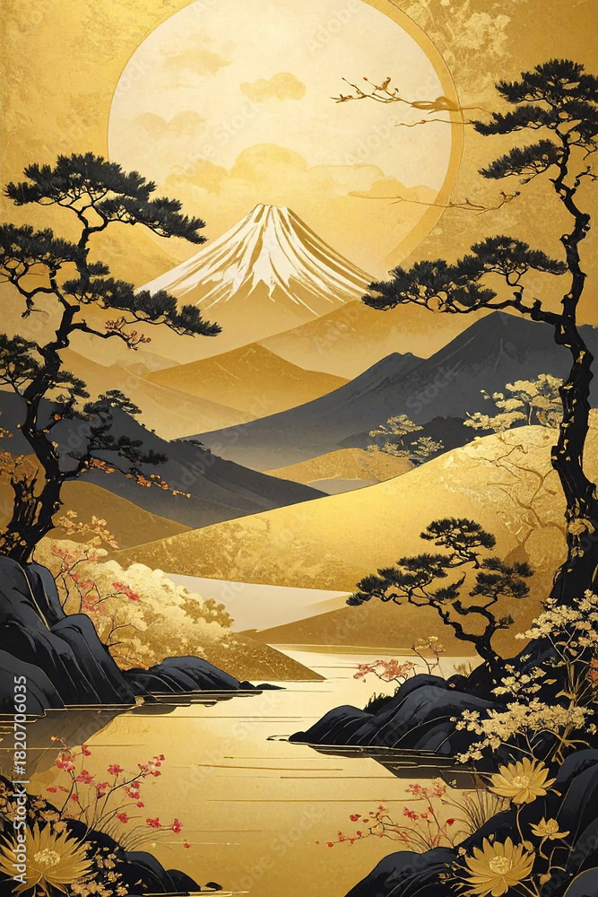 日本画　山水画　金箔背景 山水画 Images – Browse 1,848 Stock Photos, Vectors, and Video