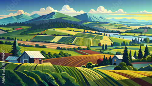 Very beautiful panorama of the verdant farm fields of Tygh Valley in Oregon, USA, featuring rolling green pastures, open countryside, and distant hills under clear natural light.