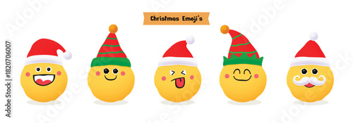 A cute collection of 3D yellow emoji characters wearing various Christmas hats, including Santa and elf styles, ideal for holiday greetings, design, winter themes, and seasonal communication.