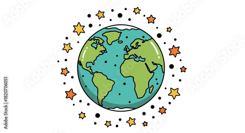 Cartoon Earth Globe Surrounded by Stars Illustration - Global Concept