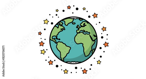 Planet Earth globe icon with continents shown, encircled by a beautiful pattern of colorful stars and cosmic dots on a white background