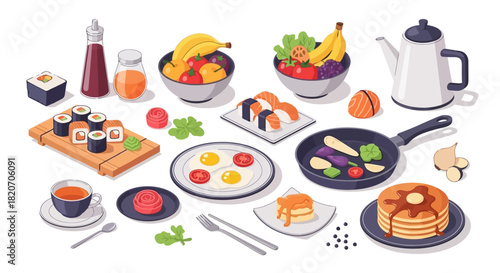 Delicious assortment of Japanese and Western breakfast foods arranged artistically, showcasing fresh ingredients and culinary diversity