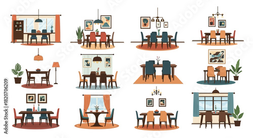 Collection of Modern Dining Room Interior Concepts with Tables, Chairs, and Decor Illustrations. Stylish Home Furniture Designs for Eating Spaces