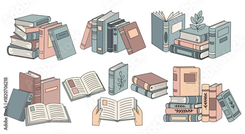 A collection of hand-drawn book illustrations, showing various stacks and open volumes symbolizing knowledge, literature, and education