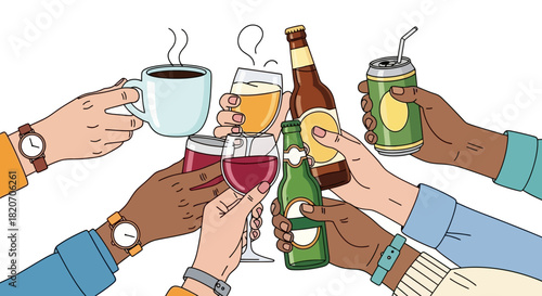 Diverse Hands Raise a Variety of Beverages in a Lively Toast, Symbolizing Friendship, Celebration, and Inclusivity at a Social Gathering