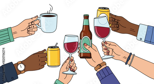 Many diverse hands holding various refreshing beverages, from coffee to alcoholic drinks, in a gesture of unity, celebration, and joyful cheers, symbolizing social connection