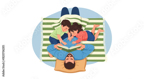 Family Time A Father Reading to His Children Outdoors on a Blanket, Enjoying Quality Moments