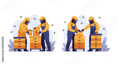 Beekeepers in protective suits diligently manage beehives to collect honey. An illustration highlighting sustainable apiary practices and the vital role of bees in nature