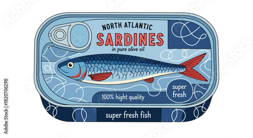 Vintage-style illustration of a tin can of preserved fish in olive oil, featuring a classic blue and white packaging design on a white background