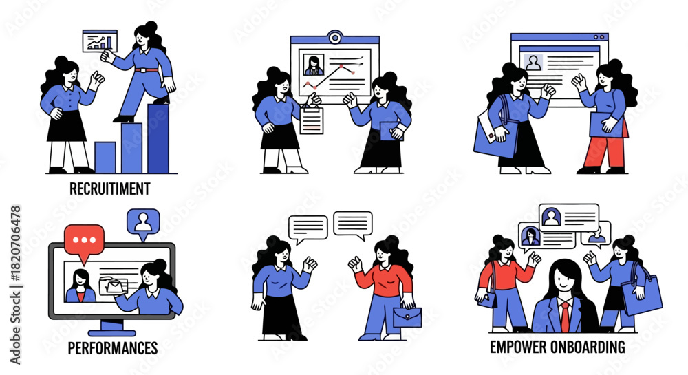 Fototapeta premium Set of human resources concept illustrations for business, including talent acquisition, employee onboarding, and career growth