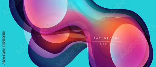 Abstract fluid shapes, vibrant colors, dynamic composition. Modern design element, flowing forms, teal background. Smooth gradients create visual interest.