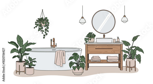 Chic Bathroom Interior Design with Plants and Cozy Accents