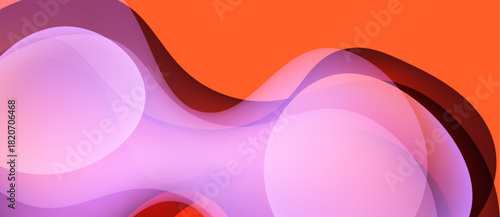 Abstract fluid shapes, vibrant colors blend. Orange background contrasts with purple waves, creating dynamic visual effect. Smooth gradients dominate composition.