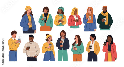 A diverse collection of modern people enjoying a coffee break, illustrating a friendly community and daily lifestyle