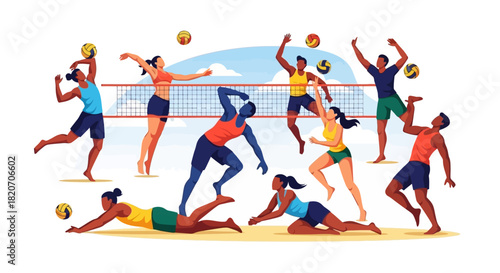 Energetic Beach Volleyball Players in Action A Colorful Illustration of Sport and Teamwork