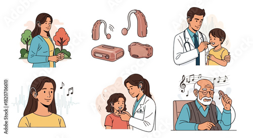 Assistive Hearing Devices Illustrations Depicting Healthcare, Solutions, and Support