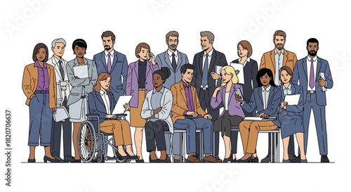 Diverse group of professionals of various ages, genders, and ethnicities posing together, representing teamwork and inclusivity in the workplace