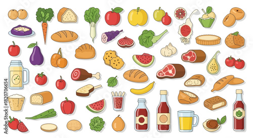 A diverse collection of colorful grocery essentials, from fresh produce and bakery goods to meat and beverages, depicted as simple flat icons