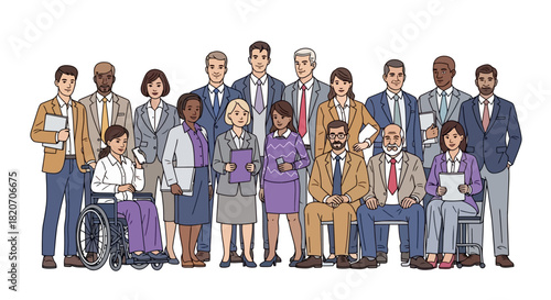 Diverse Group of Business Professionals Standing Together, Emphasizing Teamwork and Inclusivity in a Corporate Environment