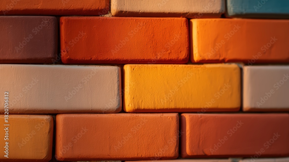 Obraz premium A close-up view of a textured wall with colorful bricks in shades of orange, peach, and beige, showcasing a vibrant and artistic design.