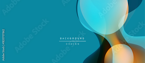 Abstract background features flowing shapes, turquoise hues, orange accents. Modern design evokes fluidity, dynamism, simplicity.