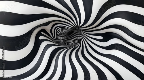Fototapeta Naklejka Na Ścianę i Meble -  A 3D render of a black and white striped vortex, creating a powerful optical illusion of a swirling tunnel or wormhole.