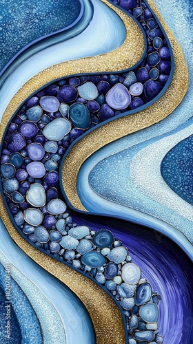 An abstract, vertical composition featuring flowing waves of blue and white, interspersed with a golden, glittering band. A central channel is filled with a mos