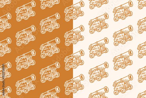 Ship cannon hand drawn seamless pattern on tan beige background for merchandise. Naval gun weapon engraving doodle pattern background. Deck cannon hatching motif wallpaper