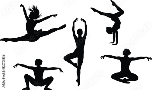 Silhouettes of Female Dancers and Gymnasts Executing Ballet Leaps, Handstands, and Elegant Flexible Poses Vector Pack Demonstrating Grace, Skill, and Balance.