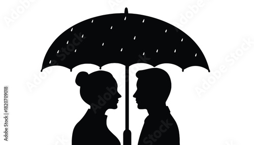 A romantic couple standing under an umbrella on a rainy day