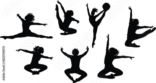 Silhouettes of Female Cheerleaders, Gymnasts, and Dancers in Dynamic Split, Jump, and Flexible Poses Vector Pack Demonstrating Athletic Movement and Skill.
