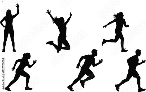 Silhouettes of Energetic Men and Women Running, Jumping, and Celebrating Success in Various Sprint and Athletic Poses Vector Pack on White Background.