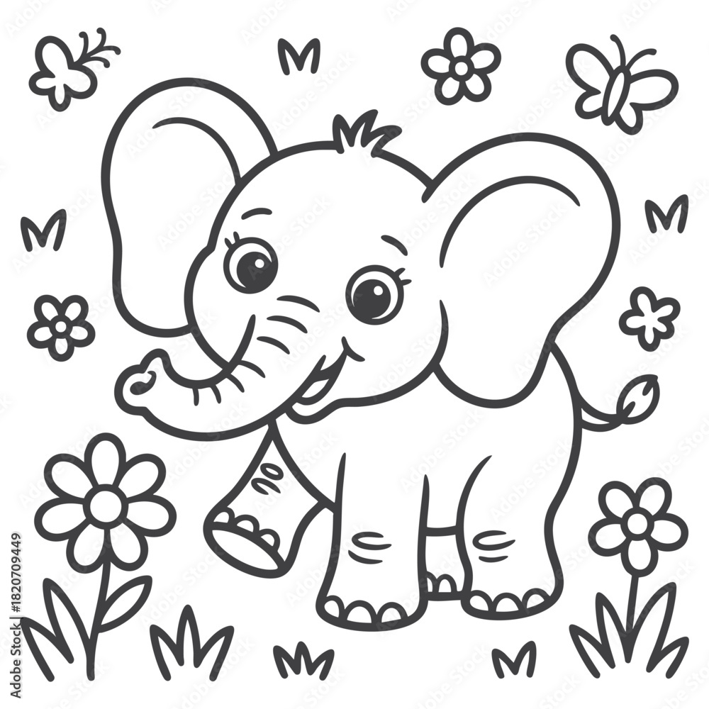 Naklejka premium Playful Baby Elephant with Flowers and Butterflies
