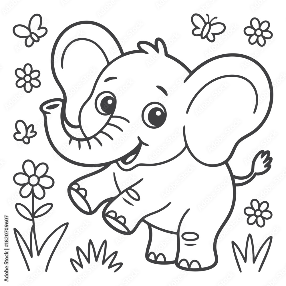 Fototapeta premium Playful Baby Elephant with Flowers and Butterflies