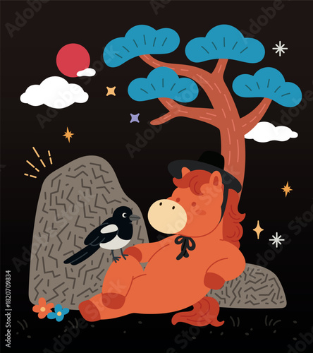 Horse and Magpie in Traditional Korean Background