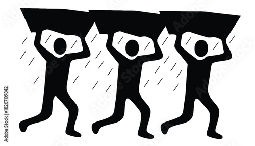A group of people working together to carry a heavy load in the rain
