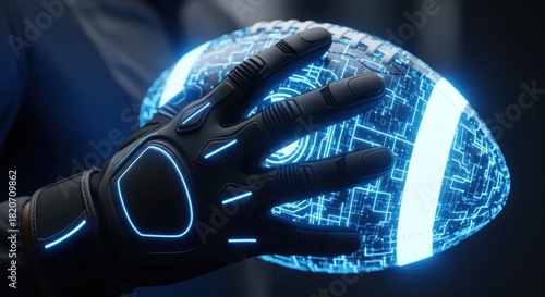 Wallpaper Mural Futuristic glove holding glowing, digital football Torontodigital.ca