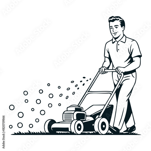 Retro Lawn Mowing Man in Black and White Style