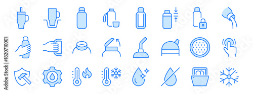 Thermos and travel mug line icon set. Tumbler, flip lid, straw spout, lock cap, dishwasher safe vector illustrations. Simple outline signs for beverage containers. Blue color. Editable Stroke