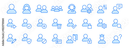 User account line icon set. Profile, login, admin, settings, security minimal vector illustrations. Simple outline signs for web interface. Blue color. Editable Stroke