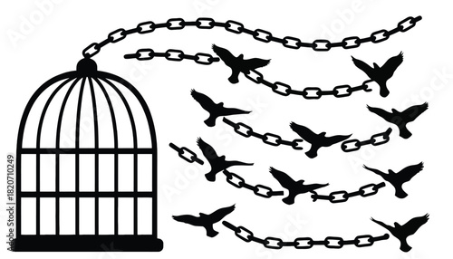 A birdcage with chains and birds flying free in the air