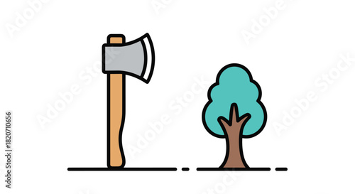 Axe and tree illustration for logging concepts eco-friendly lifestyle modern forestry and outdoor adventure themes perfect for web design and infographics, Generative AI.