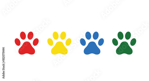 Colorful paw prints in red yellow blue and green create a playful pet-friendly design for animal lovers branding or veterinary services, Generative AI.