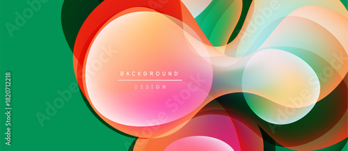 Abstract fluid shapes overlap, creating vibrant color gradients. Green background complements dynamic composition. Modern design element.