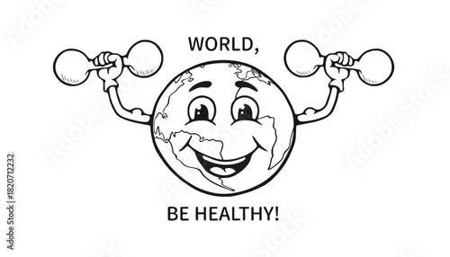 A smiling cartoon globe holding dumbbells with a health message